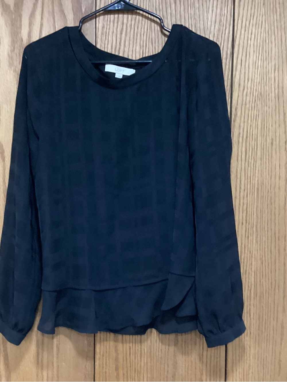LOFT Black Layered Long-Sleeve Check-Texture Blouse